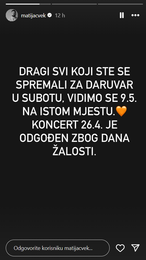 matija cvek otkazao nastup