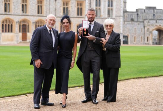 Sir David Beckham, with his wife Lady Victoria and parents Ted and Sandra Beckham, after he was made a Knight Bachelor at an investiture ceremony at Windsor Castle, Berkshire. Picture date: Tuesday November 4, 2025.