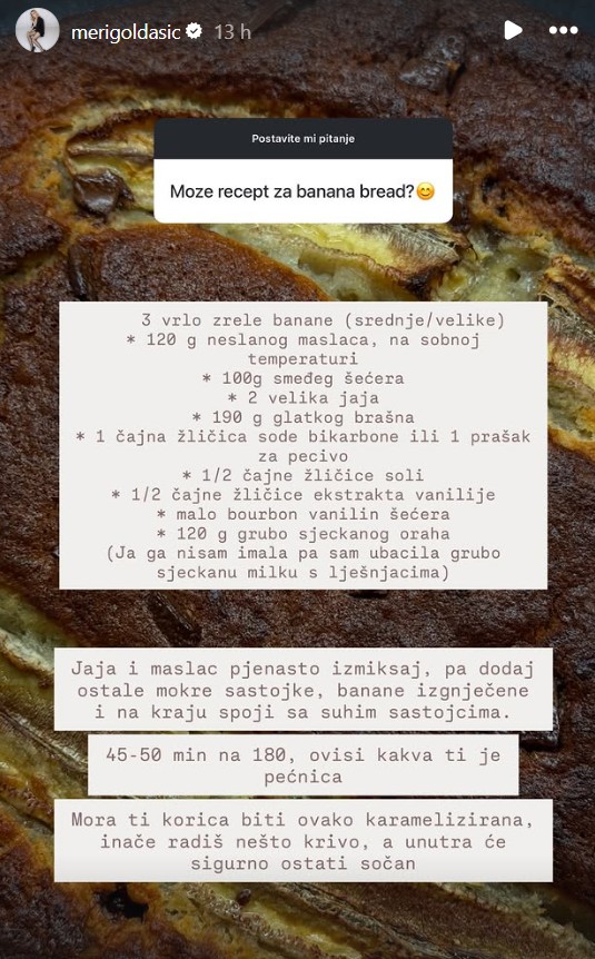 Meri Goldašić podijelila recept za savršeni banana bread